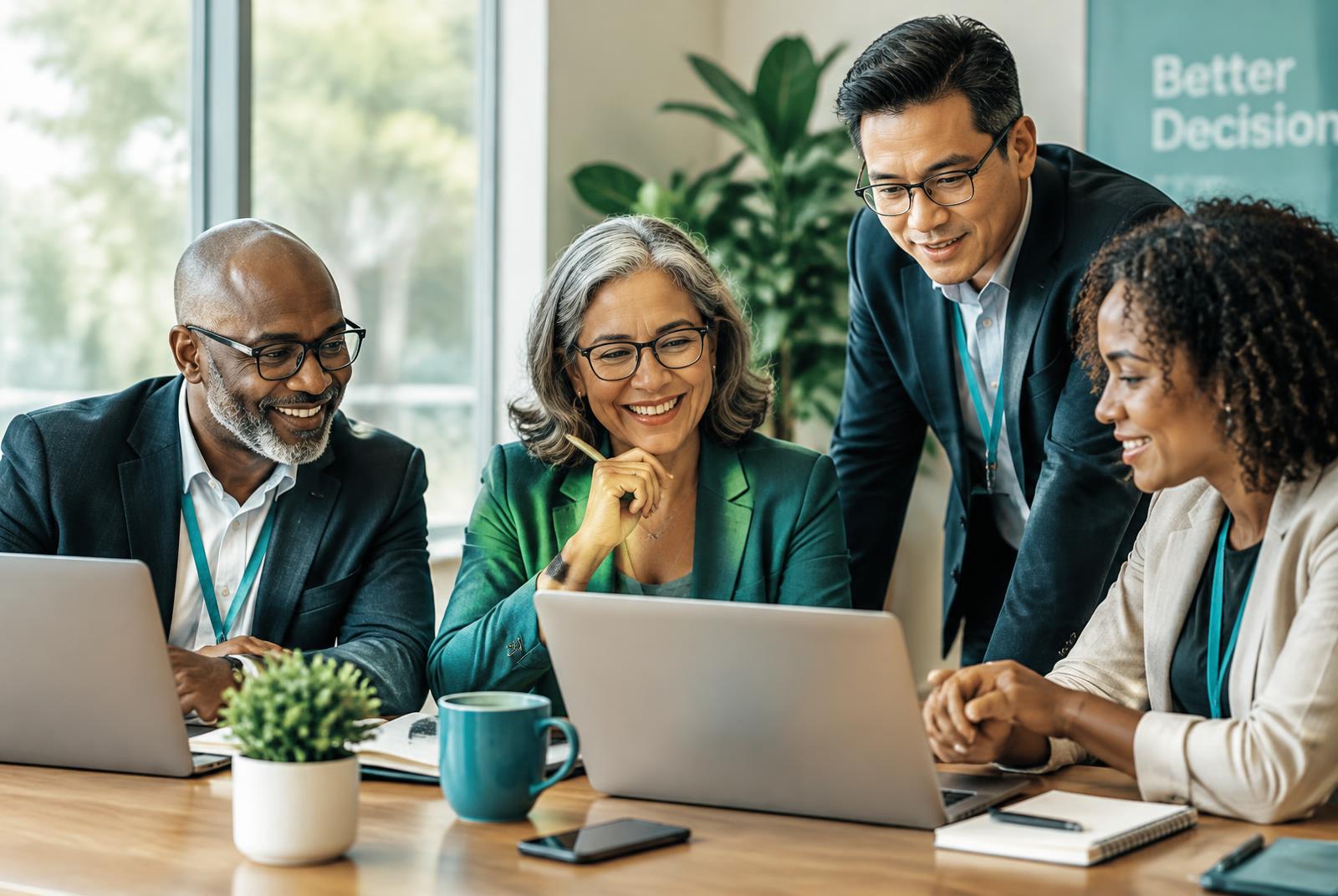 Four colleagues leaning in around a laptop at a conference table, reviewing something together
